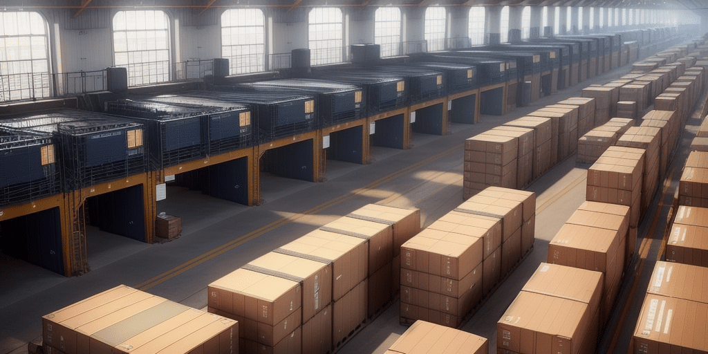 A spacious warehouse interior filled with rows of large, stacked shipping containers. The sunlight streams in through high windows, casting bright patches on the floor. Using UPS Worldship, the organized layout and negotiated rates create a sense of order and efficiency.