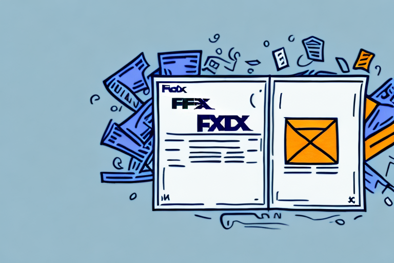 A creative FedEx-themed illustration features a sheet of paper with the letters FedEx styled in different fonts. Papers and sheets, perhaps suggesting a money order waiting to send, are scattered in the background against a blue backdrop, giving a dynamic and artistic feel.