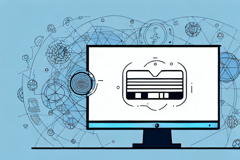 A computer monitor displaying abstract digital graphics, featuring a stylized document icon in the center. The background shows various geometric shapes and lines, hinting at themes of technology and data, reminiscent of setting up UPS Worldship for efficient logistics management.