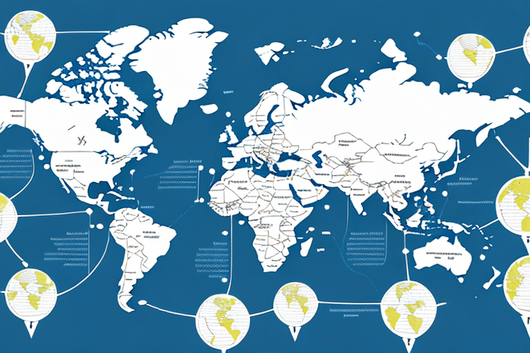 A stylized map of the world on a blue background with countries outlined in white serves as a backdrop for ODBC Mapping. Surrounding the map are small globes connected by lines, reminiscent of a UPS Worldship setup, each globe displaying various text labels.