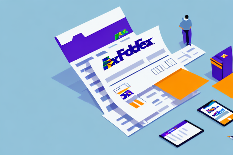 Illustration of FedEx delivery paperwork, with forms and a FedEx box on a light blue background. A person and digital devices display FedEx content, conveying a theme of shipping logistics. Third-Party Billing is highlighted, simplifying how businesses set up seamless transactions.