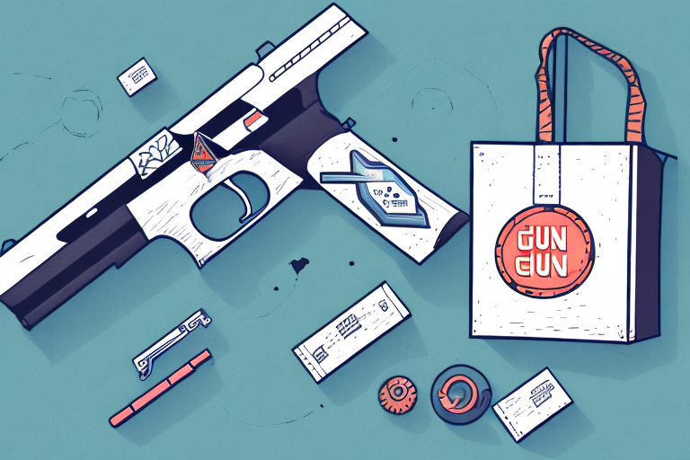 Illustration of items related to a gun, including gun parts, ammunition, and a bag labeled Gun Gun on a blue background. Perfect for those looking to ship a firearm or understand the nuances of firearm shipping regulations.