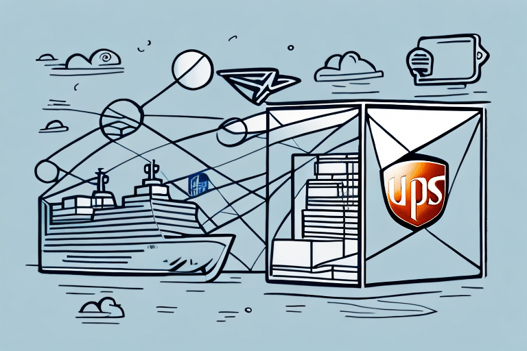 Illustration of a cargo ship, paper plane, and large UPS box interconnected with digital lines and icons, symbolizing global logistics and communication. A nod to UPS Worldship, the background features clouds and geometric shapes on a light blue canvas.