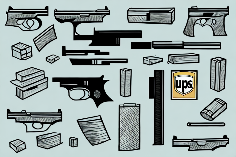 Illustration showcasing a step-by-step guide to ship firearms, featuring various gun components and rectangular packages with a UPS logo. The elements are stylized with bold, black outlines on a teal background.