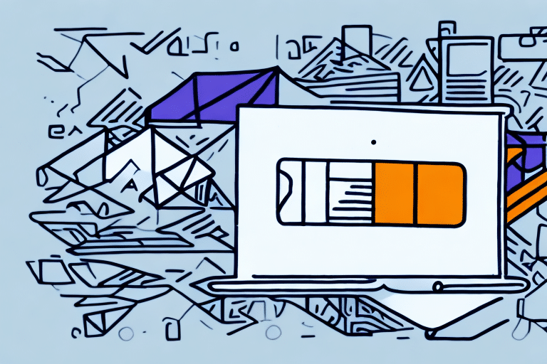 Abstract illustration featuring a white computer monitor with an orange section on its screen. The background is a chaotic mix of geometric shapes and lines in varying shades of blue, purple, and black, creating a modern, dynamic feel reminiscent of navigating the FedEx Manager interface.