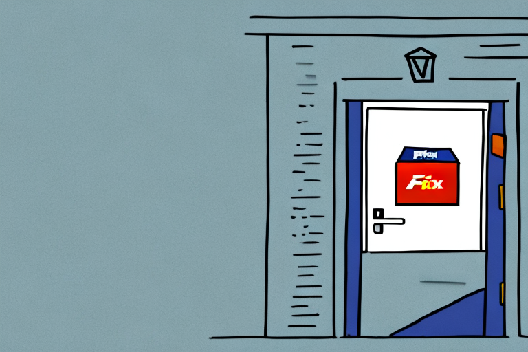 Illustration of a closed door with a package labeled Fox partially inserted in the mail slot. The white door, framed by a bluish-colored wall, has a small light fixture above it. A FedEx Door Tag hints at an attempted package delivery awaiting authorization.