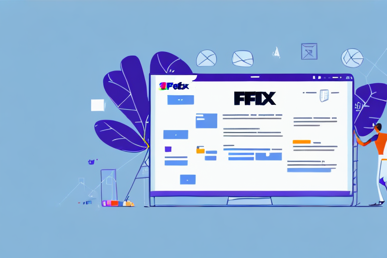 An illustration depicts a person standing next to a large screen showing a webpage with the FedEx logo and the text FFIX. The blue background features small icons like envelopes and abstract shapes, symbolizing tools like FedEx Ship Manager and Integration Assistant for seamless import of XML files.