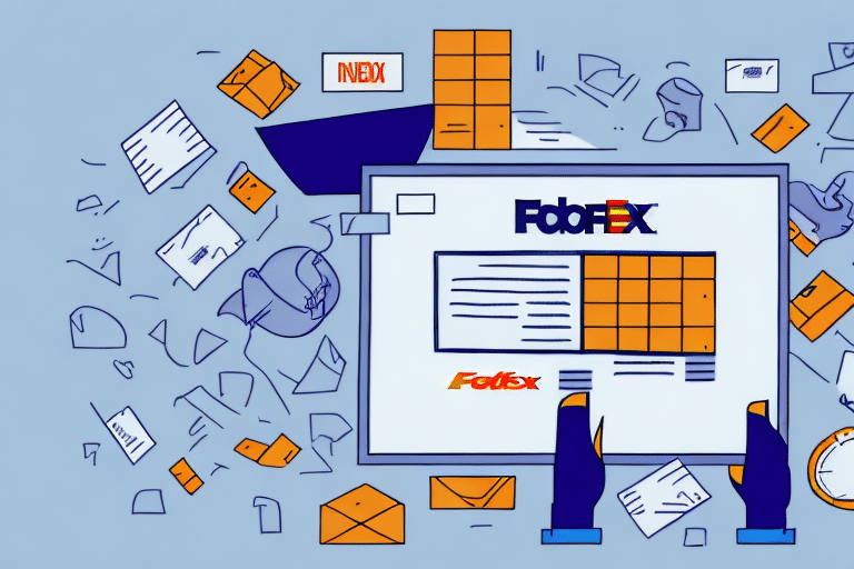 An abstract illustration of hands holding a document titled FedEx, surrounded by scattered envelopes, letters, and papers. The scene is infused with blue and orange hues, featuring icons symbolizing communication and logistics. A subtle nod to FedEx Ship Manager highlights the display of negotiated rates.