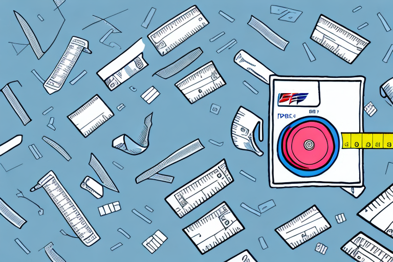 Illustration of various measuring tools scattered on a blue background, showcasing rulers, tape measures, and protractors. A tape measure casing with a pink center stands out among the items—perfect for figuring dimensions with a girth calculator. The design is hand-drawn in a sketchy style.