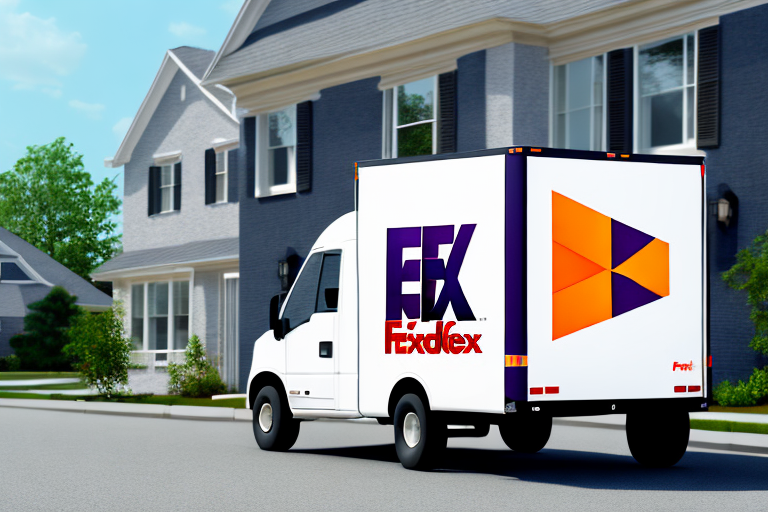 A delivery truck with FedEx branding drives down a residential street on a sunny day, offering FedEx Signature Waiver for convenience. Green trees and well-kept lawns enhance the serene suburban setting.