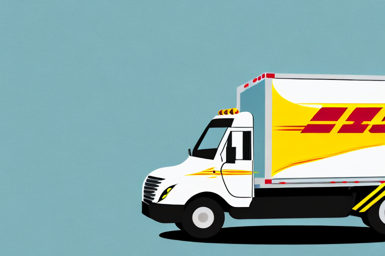 Illustration of a delivery truck against a blue background. The truck boasts DHL Fasts white and yellow design with a large, prominent logo on its side, symbolizing reliability.