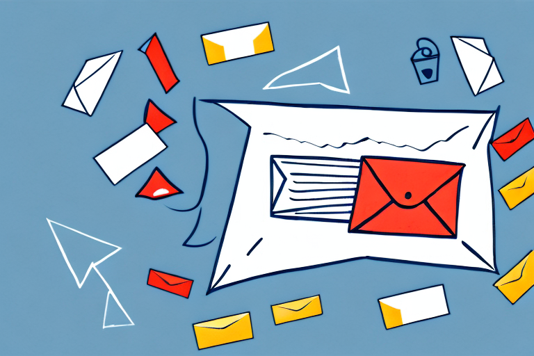 Simple illustration of a large envelope surrounded by smaller envelopes in various colors—red, yellow, and white. A small location pin icon is also nearby, all set against a light blue background, symbolizing the efficiency of First Class Mail.