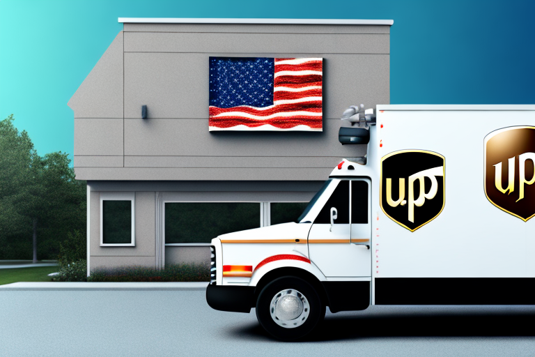 A delivery truck with a U.P. logo is parked in front of a building. Above the entrance, a large digital display shows an American flag. The clear sky and trees create a peaceful atmosphere, perhaps reflecting on Martin Luther King Jr. Day and its impact on UPS hours for observance.