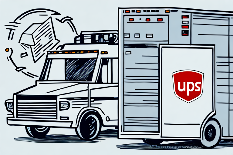 Illustration of a stylized delivery truck with the UPS logo on its side, representing the dynamic postal service. The truck is surrounded by simplified drawings of packages, with one floating above in motion lines to symbolize shipment. The overall style is bold and graphic.