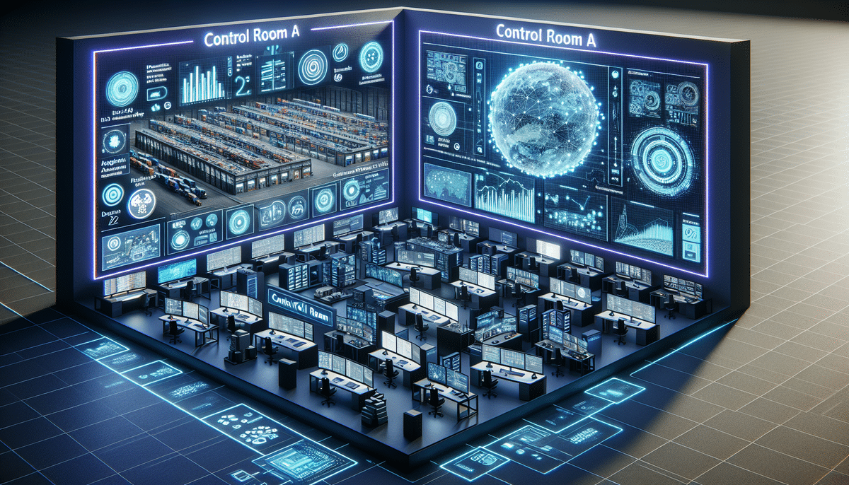 A high-tech control room with large digital screens displaying complex data, graphs, and a globe. Rows of workstations featuring Manhattan Associates WMS monitors surround the room, illuminated by a blue glow, creating a futuristic atmosphere.