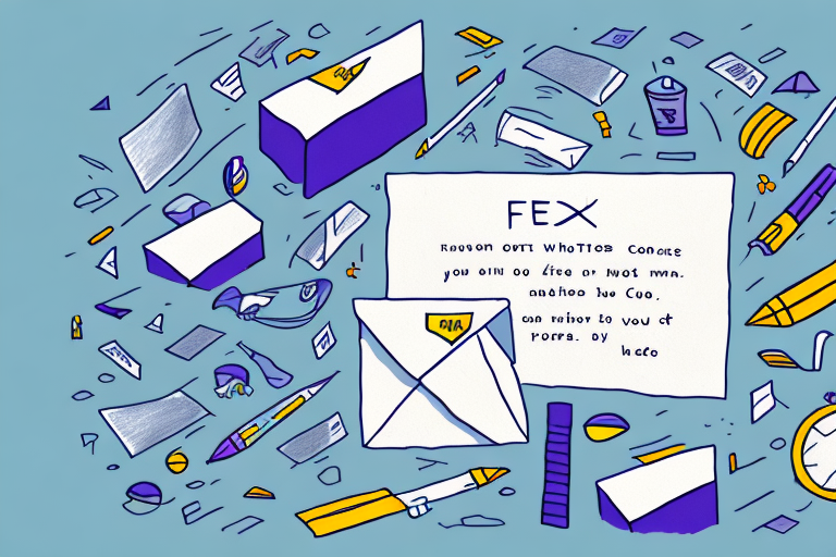 A colorful illustration depicts envelopes and letters floating amidst pens, papers, and office supplies on a blue background. A central envelope displays an unreadable note, reminiscent of leaving a note for FedEx amidst the chaos of creativity.