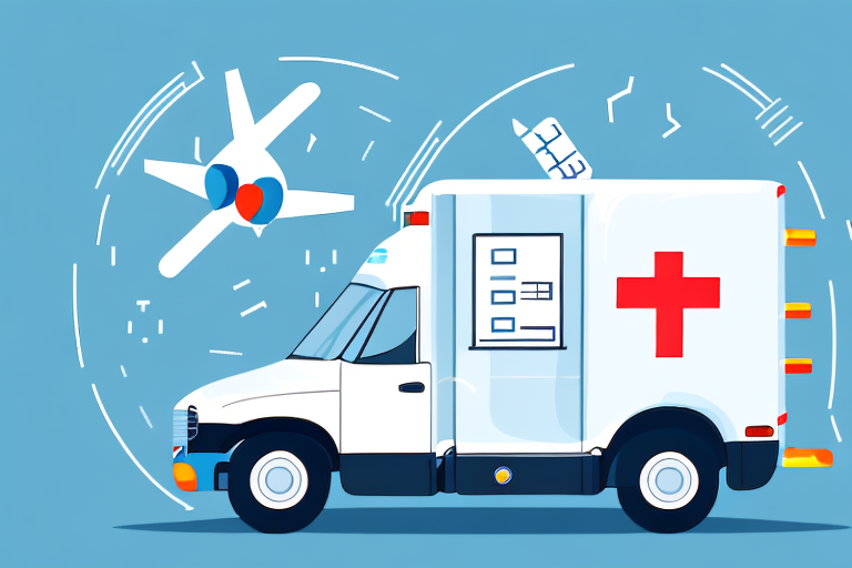 Illustration of an ambulance with a red cross on its side against a blue background. Nearby, a large white and blue drone—symbolizing the future of independent medical courier services—hovers with red and blue packages, surrounded by abstract lines and shapes.