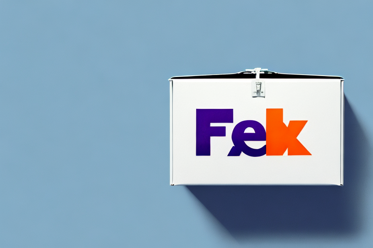 A white metal box with a lock, mounted against a light blue wall, features a bold logo with the word Felk in gradient shades of purple and orange. A long shadow extends to the right, hinting at a left-side light source. This setup harmonizes with the precision of calculating shipping rates efficiently.