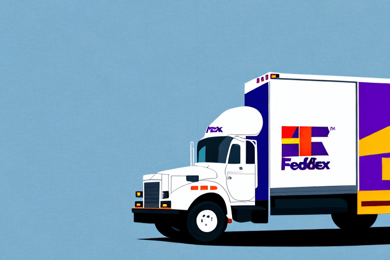 A stylized illustration of a FedEx delivery truck against a light blue background. The truck is white with blue, purple, and orange branding, showcasing the FedEx logo prominently on the side and front. The scene hints at the seamless integration of FedEx Ship Manager for efficient deliveries.