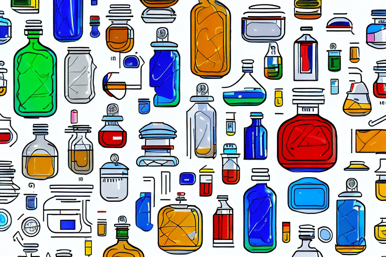 A colorful illustration of variously shaped and sized laboratory bottles and containers, perfect for e-commerce businesses in the chemical supply sector. Filled with vibrant blue, red, orange, and yellow liquids, these scattered containers pop against a clean white background.