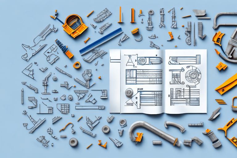 An open technical manual with detailed blueprints is surrounded by disassembled machine parts and construction materials on a light blue surface. The parts, including gears, clamps, and sections of piping, are arranged neatly around the book.