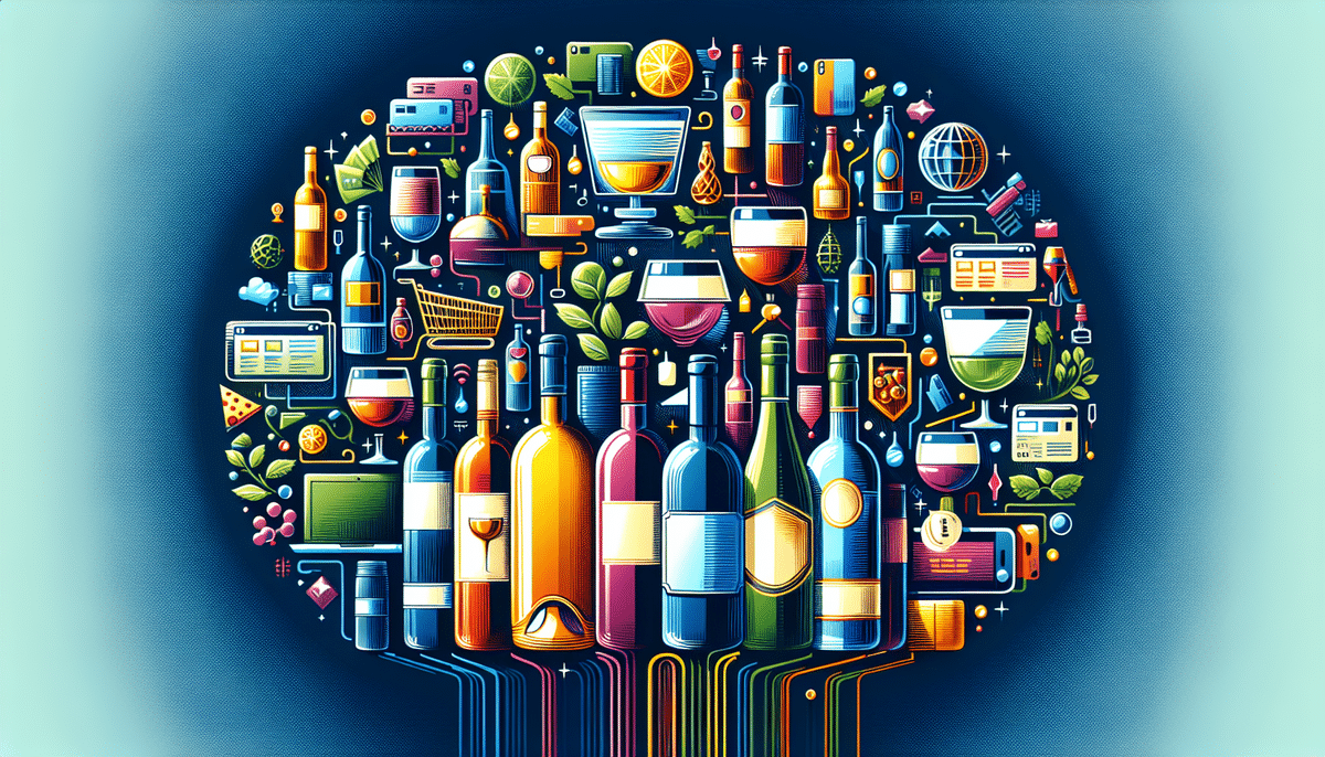 Illustration of a brain shape formed by vibrant wine and spirits bottles, coupled with digital icons like a shopping cart, credit card, and electronic devices, symbolizing e-commerces influence on the wine industry.