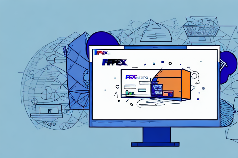 A computer screen displays a digital package design using FedEx Ship Manager, featuring logos and graphics set against a backdrop of abstract technical drawings and symbols. The overall color scheme includes blue and orange tones, adding vibrancy while troubleshooting any design issues.