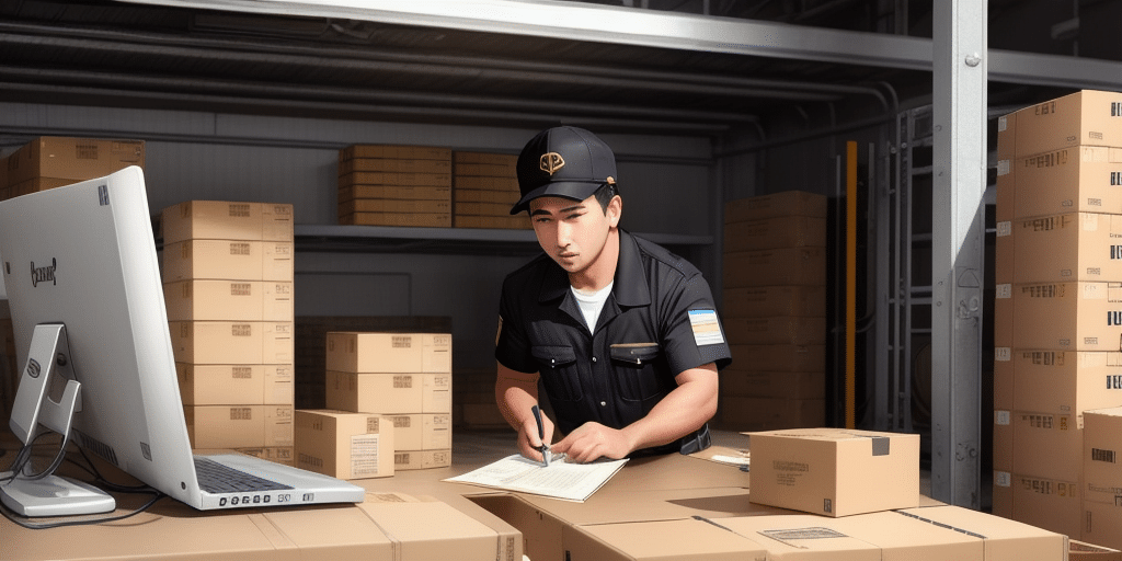 A worker in a warehouse wearing a cap and uniform is writing on a paper at a desk, surrounded by stacks of cardboard boxes. With UPS WorldShip open on the laptop, hes focused on troubleshooting Register Error 892. Shelves filled with more boxes are in the background.