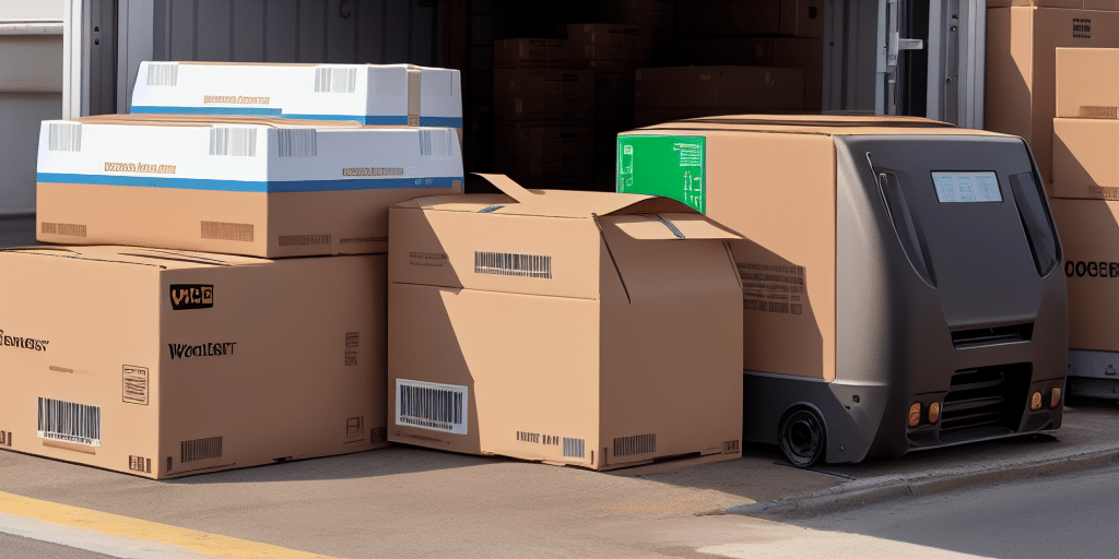 A variety of cardboard boxes, some open and some sealed, are stacked near an open delivery truck. A robotic cart is positioned beside the boxes, ready for transportation. Nearby, a technician consults a tablet for troubleshooting UPS Worldship issues, adding urgency to the industrial scene with concrete flooring.