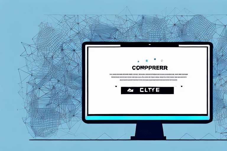 A computer screen displays a website with CONNECT in bold above a large button labeled CLICK. The modern, tech-inspired design features abstract geometric lines in shades of blue, akin to a Windows 10 interface, perfect for navigating tools like FedEx Ship Manager.