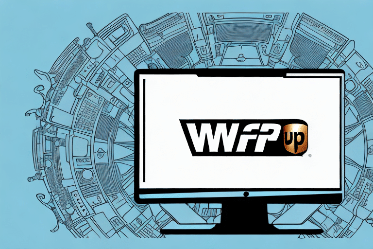 A computer screen displaying the WFP Up logo. The background showcases a circular array of electronic devices like phones, TVs, and game consoles, all sketched in line art on a light blue backdrop—perfect for exploring troubleshooting tips related to update issues.