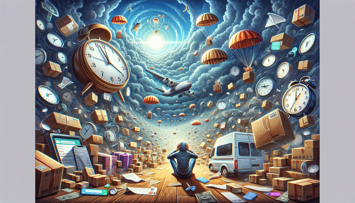 Amidst a cloud-strewn sky and bright sun, a person sits on a wooden floor surrounded by floating clocks, packages, and a van. Parachuting items drift down as a plane soars overhead, capturing the surreal essence of late deliveries in the age of Amazon Prime and evolving technology.