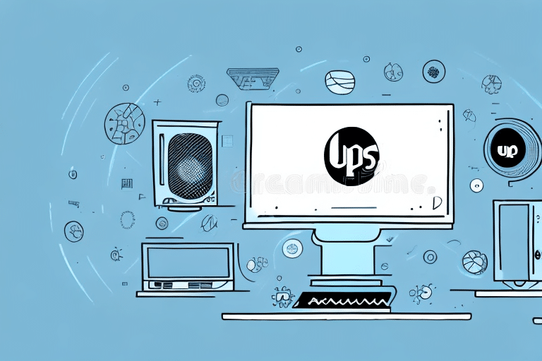 A stylized illustration of a computer with the UPS Worldship logo on the screen. Surrounding it are various abstract technology icons, including a speaker and laptop, evoking a troubleshooting scene. The background is light blue with circular patterns.