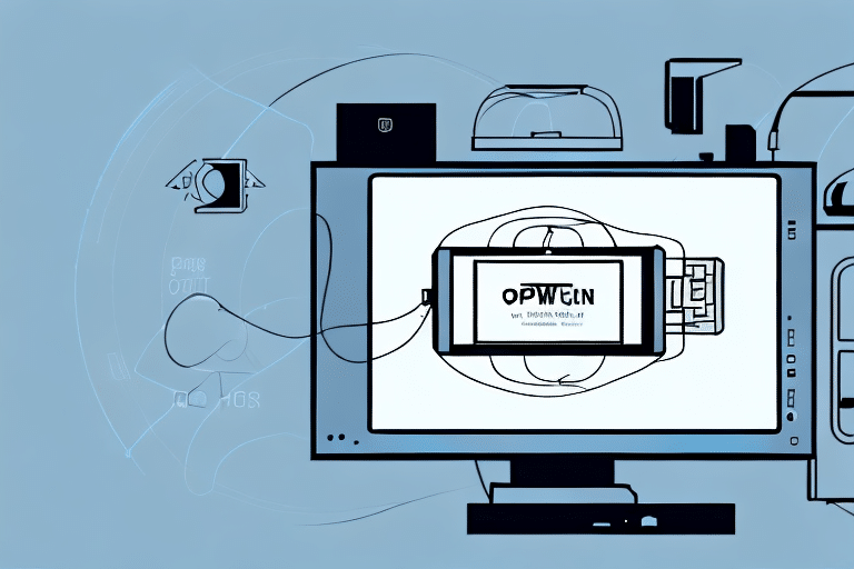 Illustration of a digital setup: a desktop computer with a screen displaying OPWELN in a mechanical-style interface. Nearby, a UPS Worldship label sits ready to print amidst surrounding tech like webcam and lamp, all set against a teal background.