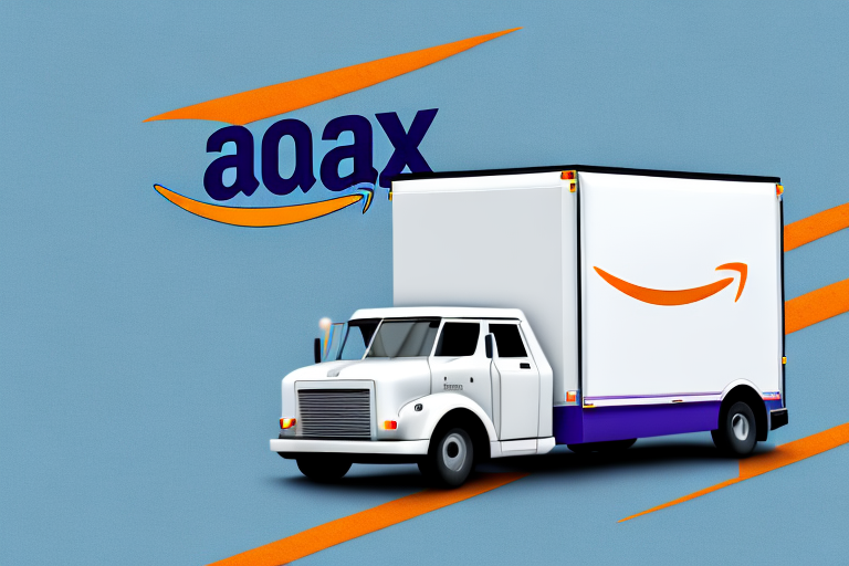 Illustration of a white delivery truck with an orange arrow logo, resembling a smile, on a blue background. The truck is featured alongside stylized text with an orange arrow motif, echoing Amazon Shipping Rates and appealing to sellers seeking efficient logistics solutions.