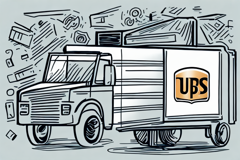 Amidst swirling abstract shapes, an illustration of a delivery truck with the letters UPS on its side captures the chaos and confusion often surrounding UPS shipping rates.