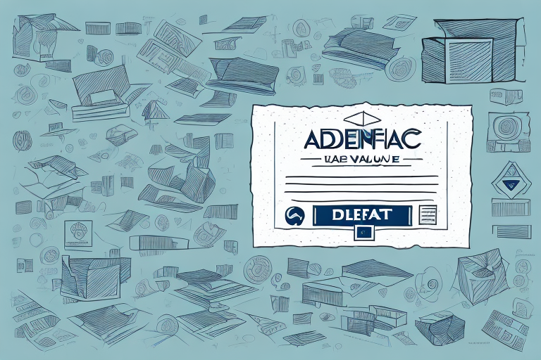 A whimsical collection of doodles featuring scattered objects, boxes, and packages. At the center, a large, stylized label showcases text like ADENFAC and DLEFAT. The light blue background evokes the iconic FedEx colors while hinting at the importance of declared value in shipping.