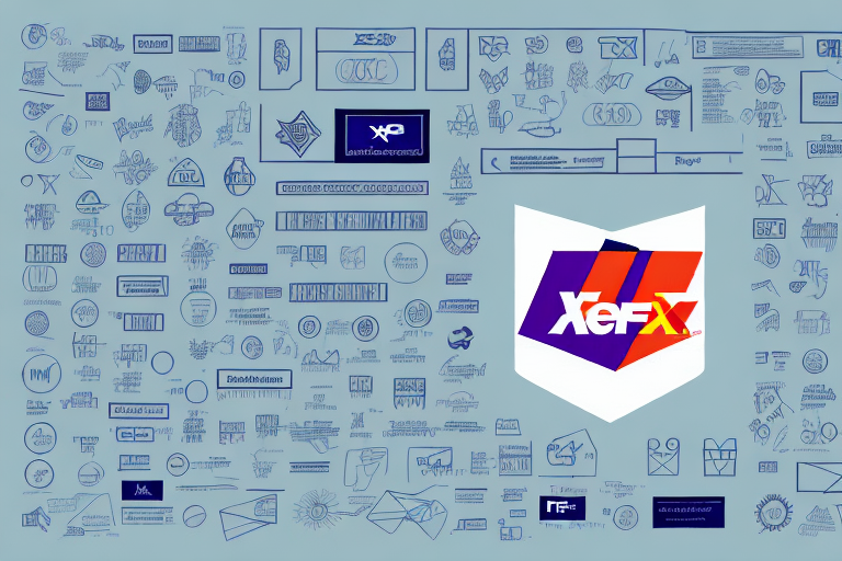 A large logo featuring the word XeF-X in blue, red, and white colors is surrounded by a grid of smaller various sketches and diagrams on a light blue background, offering an engaging understanding akin to deciphering FedEx Exception Codes.