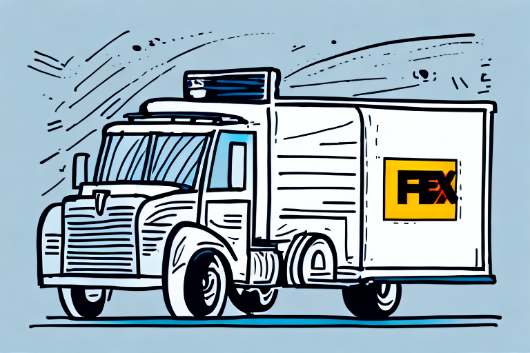 Illustration of a box truck with a refrigeration unit on top, featuring a logo that resembles the FedEx brand on its side. Set against a blue background with dynamic lines suggesting motion, its reminiscent of FedEx SmartPost ensuring efficient check delivery services.