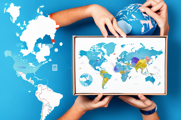 Hands assembling a puzzle of a world map against a blue background, featuring vibrant colors. Scattered pieces and a smaller globe highlight diverse regions, resembling the global reach of FedEx amidst ever-changing rates.