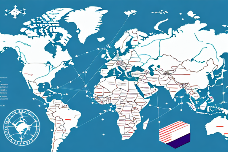 Map of the world with a blue background, showing white continents and major rivers. Red lines trace routes like those from Nigeria to the USA. A decorative compass and a multi-colored hexagon add charm on the left side of the image, reminiscent of FedEx Shipping Rates paths globally.