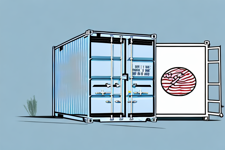 A stylized illustration of a blue shipping container with an open side reveals a striped circular object inside, symbolizing FOB understanding. The container sits on a plain background with a small plant beside it, adding a touch of nature to the industrial scene.