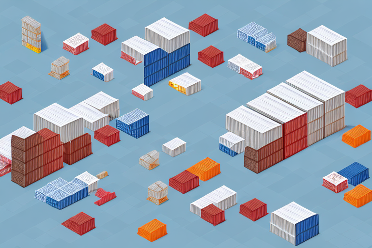 An aerial view showcases numerous shipping containers in various sizes and colors—white, red, blue, orange, and brown—scattered across a light blue background. These containers form geometric patterns that illustrate how outbound logistics works in efficiently arranging and dispatching goods.