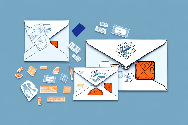 Three envelopes with various designs and stamps are displayed against a blue background. The envelopes are open, revealing patterned paper inside. Among the assorted stamps and stickers scattered around them, a Priority Mail label hints at insured deliveries and guaranteed rates for peace of mind.