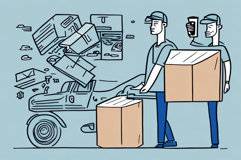 Illustration of two people handling packages. One person holds a large box while the other scans a parcel with a handheld device, emphasizing a shipping theme. A UPS vehicle in the background contains more packages, hinting at efficient logistics and possibly UPS Next Day Air service.