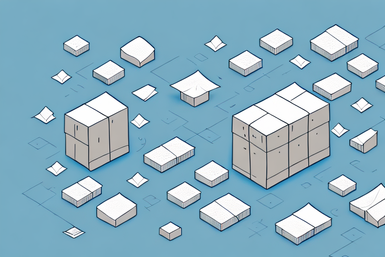 An isometric illustration of paper sheets transforming into various box shapes over a blue background. The progression, resembling logistics KPIs, showcases different stages of box formation from flat paper to fully constructed boxes.