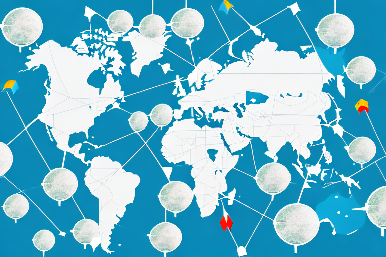 A stylized world map with connected white spheres and arrows illustrates global communication networks. The blue background enhances the contrast with the white map and symbols, providing a visual guide for understanding Incoterms, essential for navigating international trade logistics.