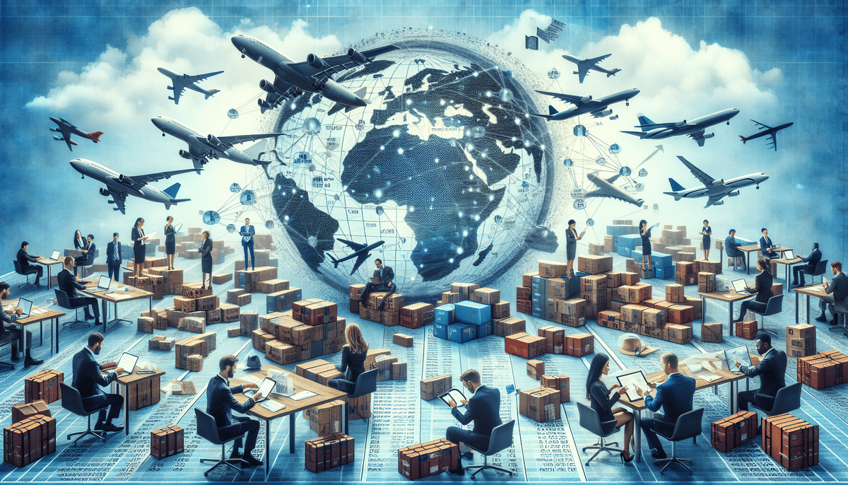 A bustling logistics hub with people at desks working on computers. Airplanes fly around a large globe in the background, illustrating air cargo tariffs and global trade. Stacks of boxes and shipping containers symbolize transportations complexities, guided by TACT regulations.