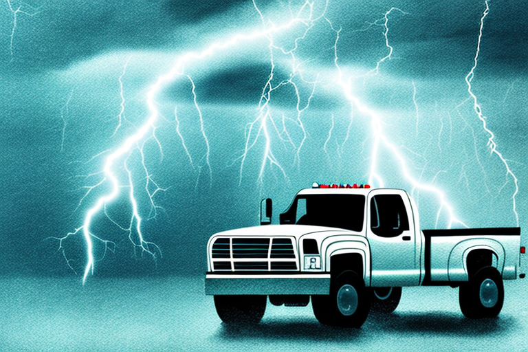 A white pickup truck is parked beneath a dramatic sky filled with bright lightning bolts, reflecting an intense, stormy atmosphere. The trucks lights highlight the wet surface, emphasizing the understanding that weather delays can lead to unavoidable shipment exceptions.