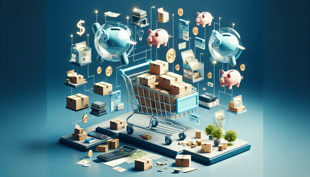 A digital illustration of an online shopping cart surrounded by boxes, coins, and dollar signs, while flying piggy banks add a whimsical touch. A calculator and coins are on the ground, highlighting e-commerce logistics and financial transactions.